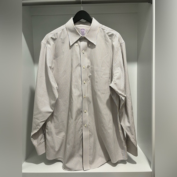 Brooks brothers classic non-iron supima cotton blue and gold stripe neck 17-35 - Picture 1 of 6